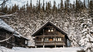 Une cabane en rondins dotée d’un balcon, entourée d’arbres couverts de neige.