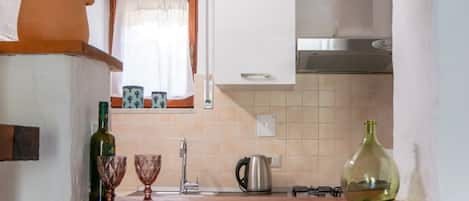 Fridge, microwave, oven, cookware/dishes/utensils