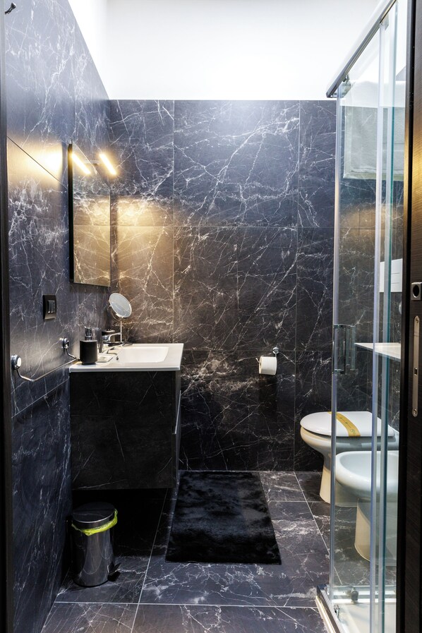 Hair dryer, bidet, towels, soap