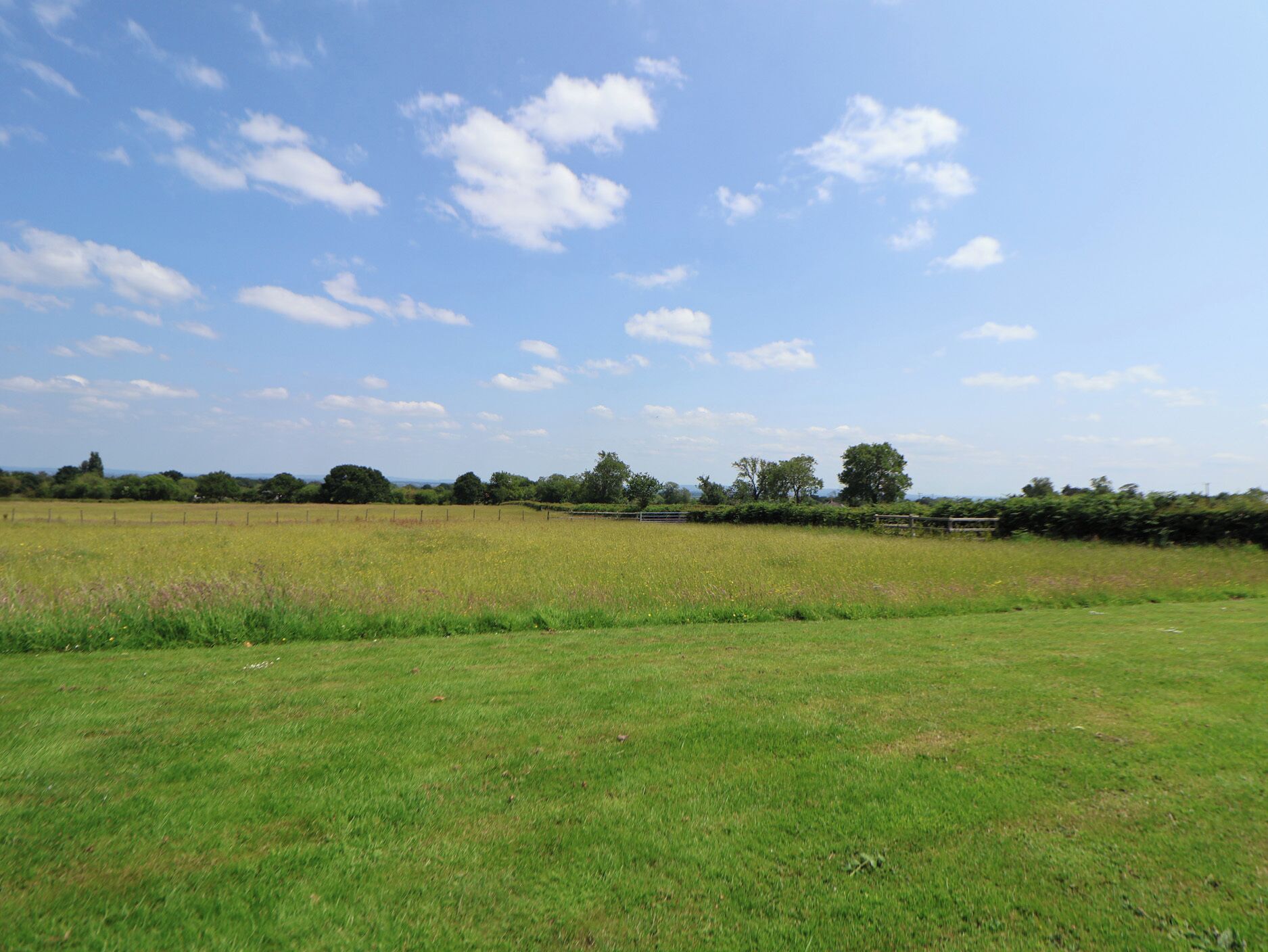 A wide, open field with a clear sky and distant trees.