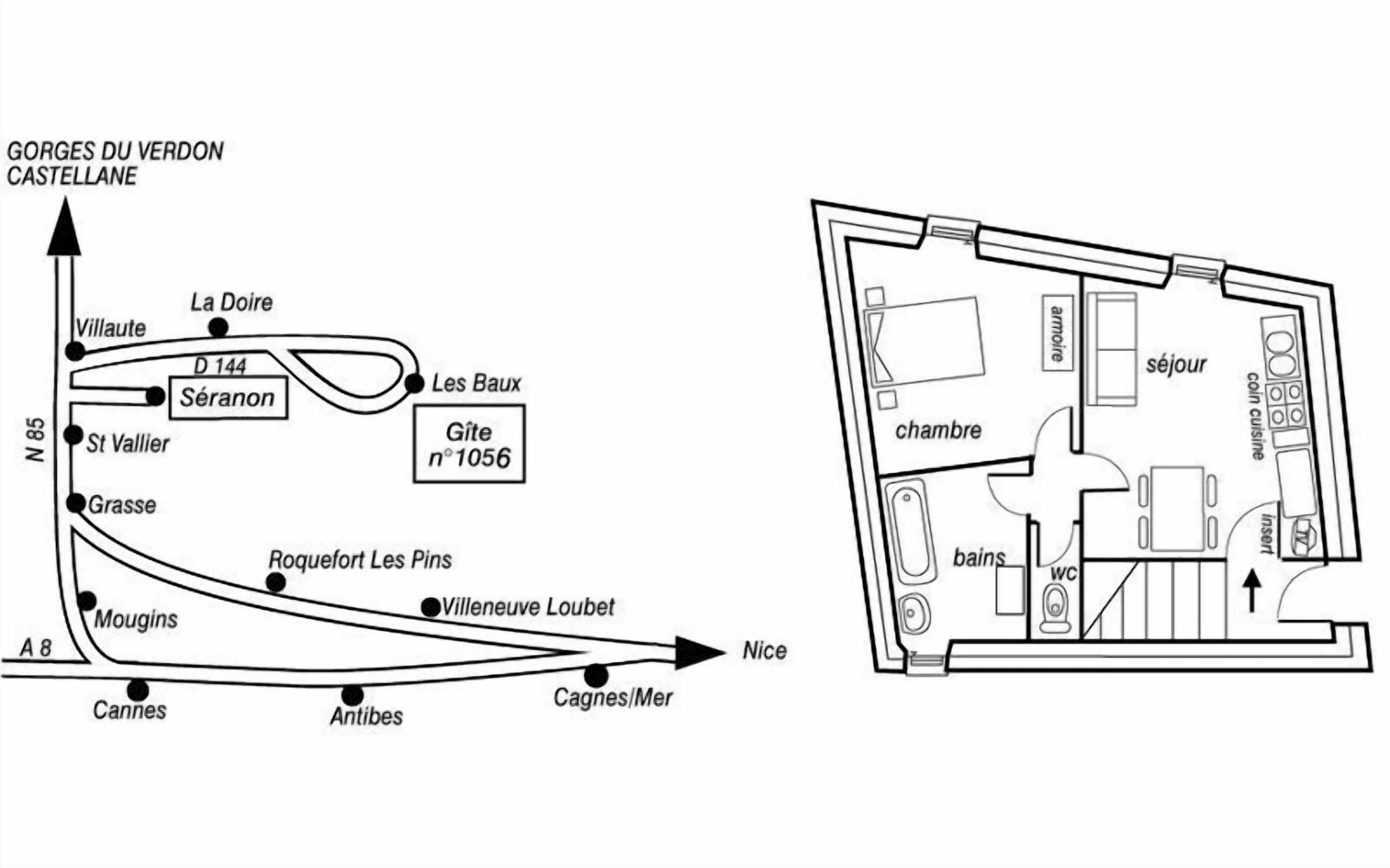 A map of Gorges du Verdon Castellane with nearby towns and a detailed floor plan of a hotel.
