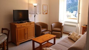 A living room with a television on a wooden cabinet, two leather chairs, a wooden coffee table, a sofa with a patterned cushion, and a window with a mountain view.