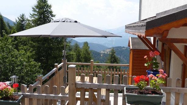 A wooden deck with a railing, potted plants, and an umbrella.