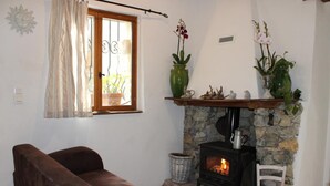 Un salon chaleureux avec un canapé marron, une cheminée en pierre et deux orchidées en pot.