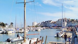 Un puerto deportivo con barcos amarrados, un paseo marítimo y edificios al fondo.