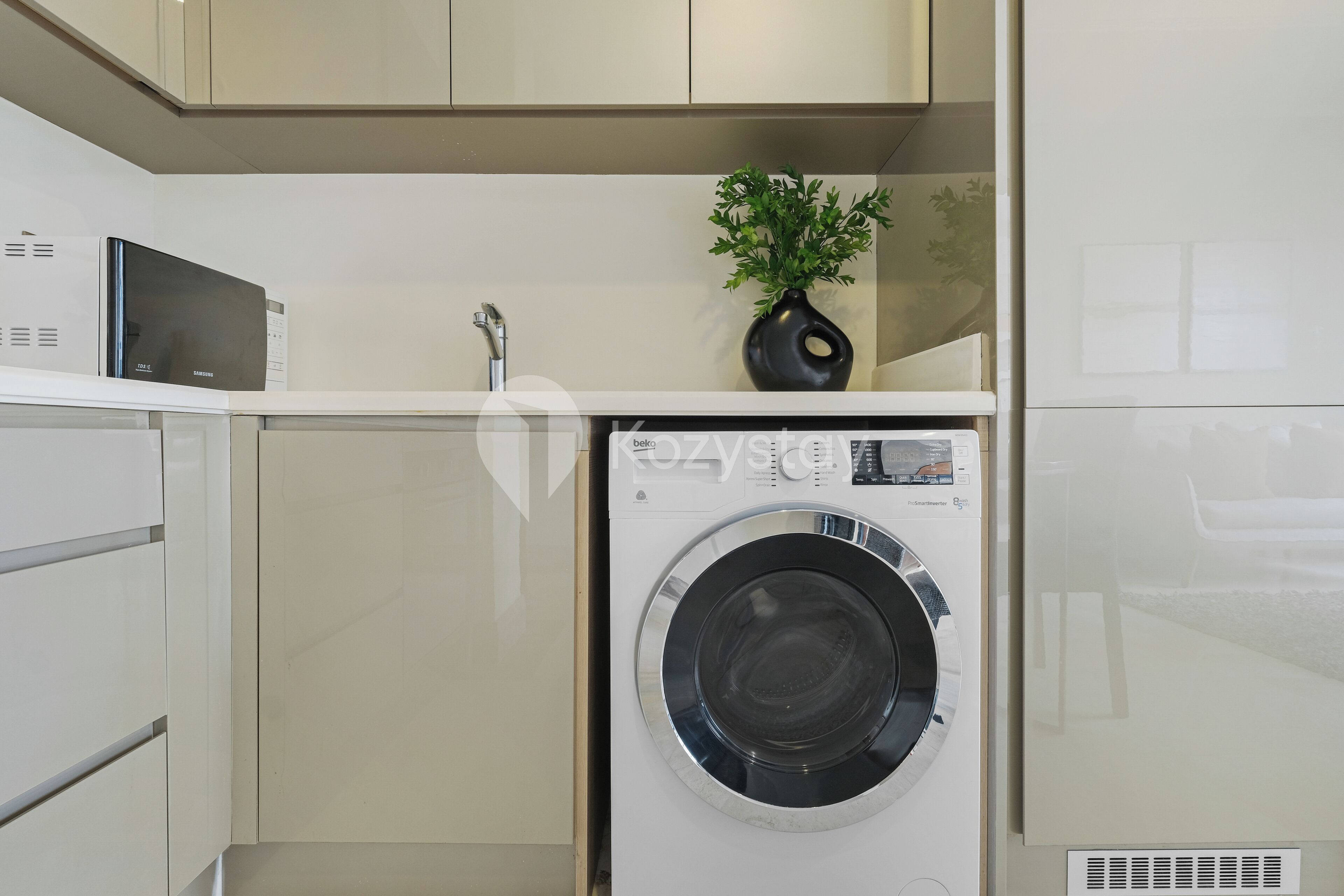 A compact kitchen with a built-in washer and dryer, a microwave, and a potted plant.