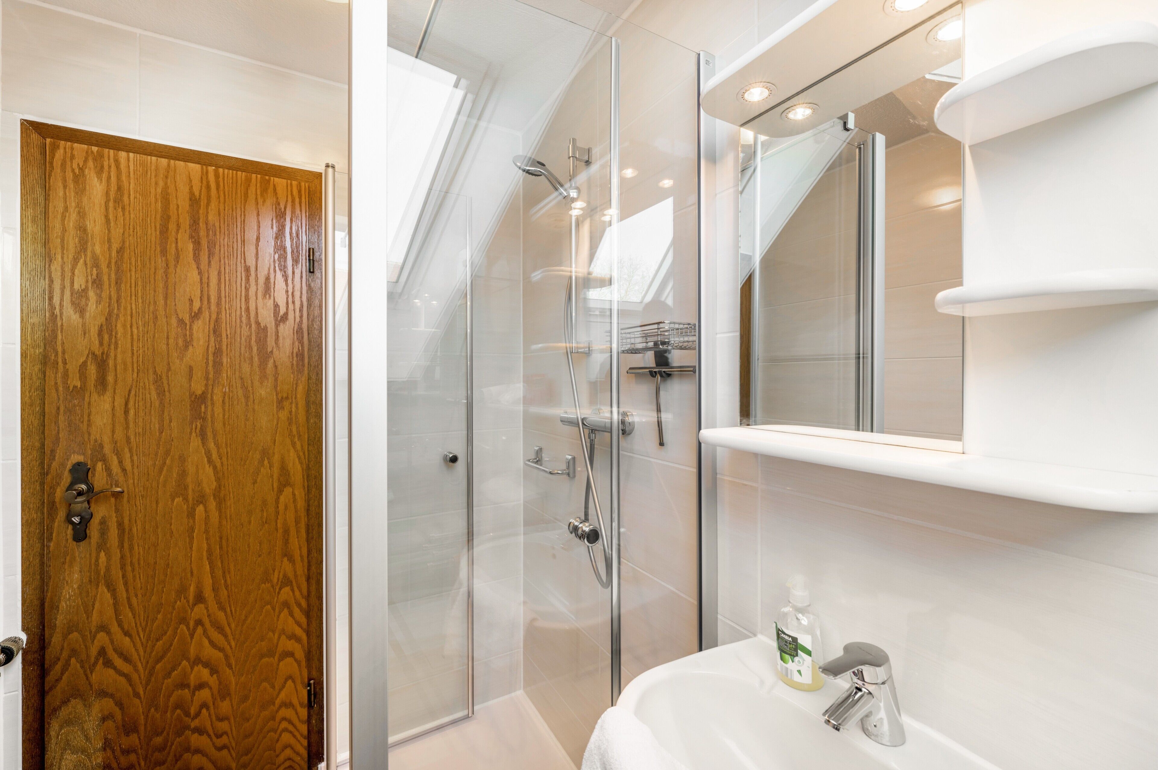 A modern bathroom with a glass shower enclosure, a wooden door, and a white sink with a mirror above it.