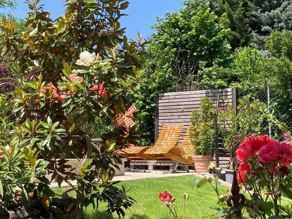 Un jardin agrémenté d’une pergola en bois, d’une pelouse et de diverses plantes.