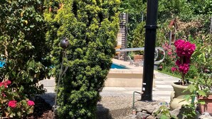 Un jardín con piscina pequeña, plantas en macetas y un farol de metal.
