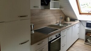 A kitchen with a built-in oven, a sink, and a window above the sink. - Apartment 'Linde' with Shared Garden, Balcony and Wi-Fi (Endingen am Kaiserstuhl)