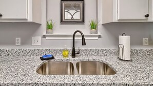 A kitchen with a stainless steel sink, granite countertop, two potted plants, a framed artwork, and a paper towel holder.