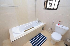 Hair dryer, towels, soap, toilet paper