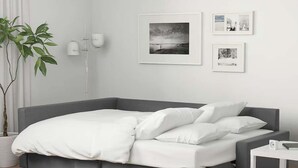 A modern bedroom with a grey sofa bed, a small bedside table with a lamp, and a large potted plant. - Blue Burrow (Atlanta)