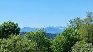 A mountain range with snow-capped peaks under a clear blue sky, surrounded by dense green foliage. - Apartment 'Kampenwand' with Mountain View, Balcony and Wi-Fi (Bad Endorf)