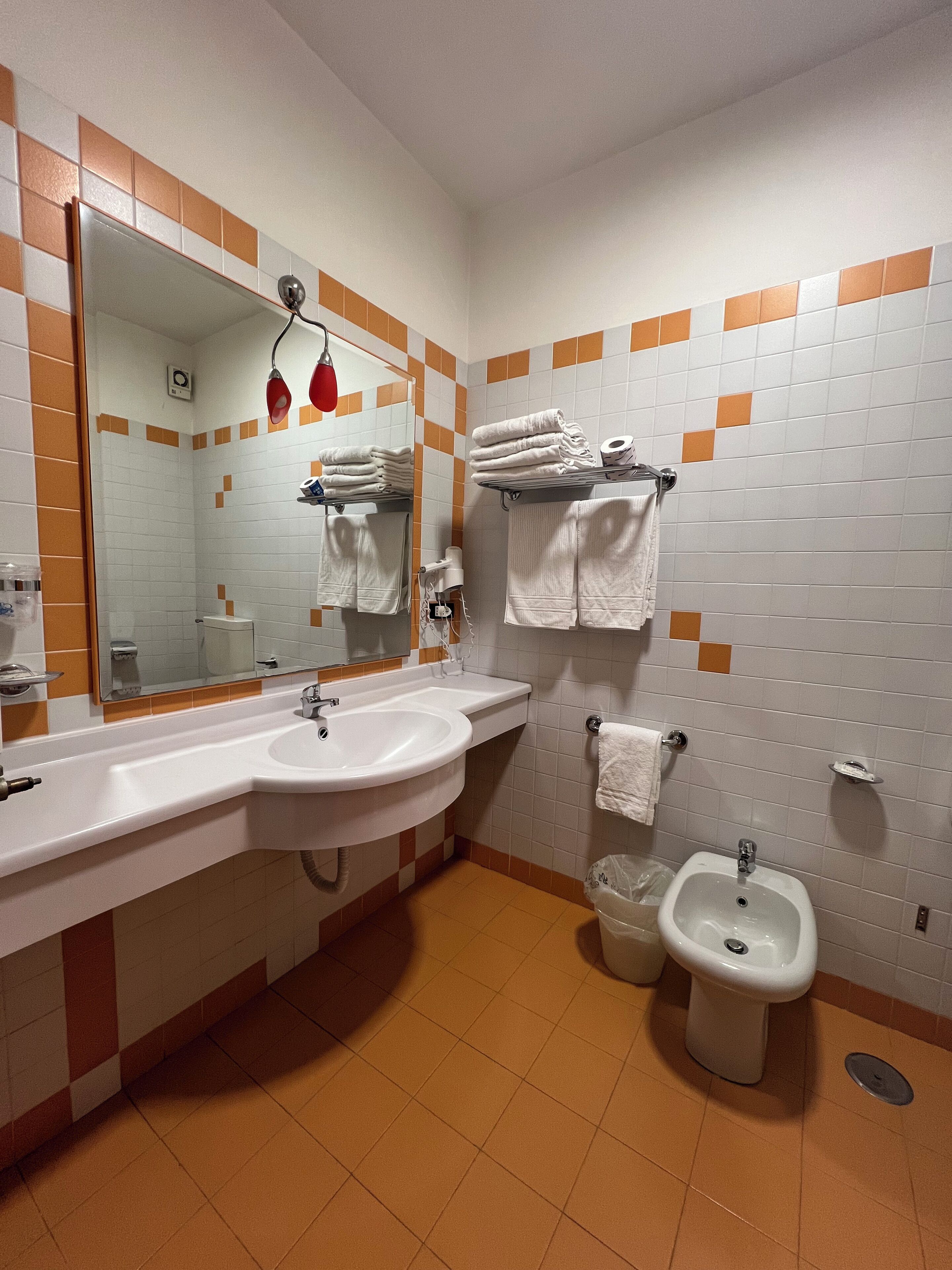 Un baño con lavamanos, espejo, toallero, inodoro y bidé.