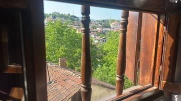 Une vue à travers une fenêtre à cadre en bois donnant sur une zone urbaine densément construite, avec des toits recouverts de tuiles rouges et de luxuriants arbres verdoyants.