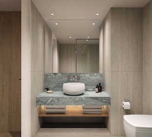 Shower, free toiletries, hair dryer, bathrobes