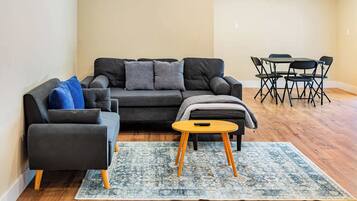 TV, fireplace, books, offices