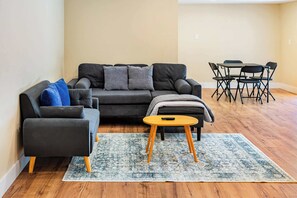 TV, fireplace, books, offices