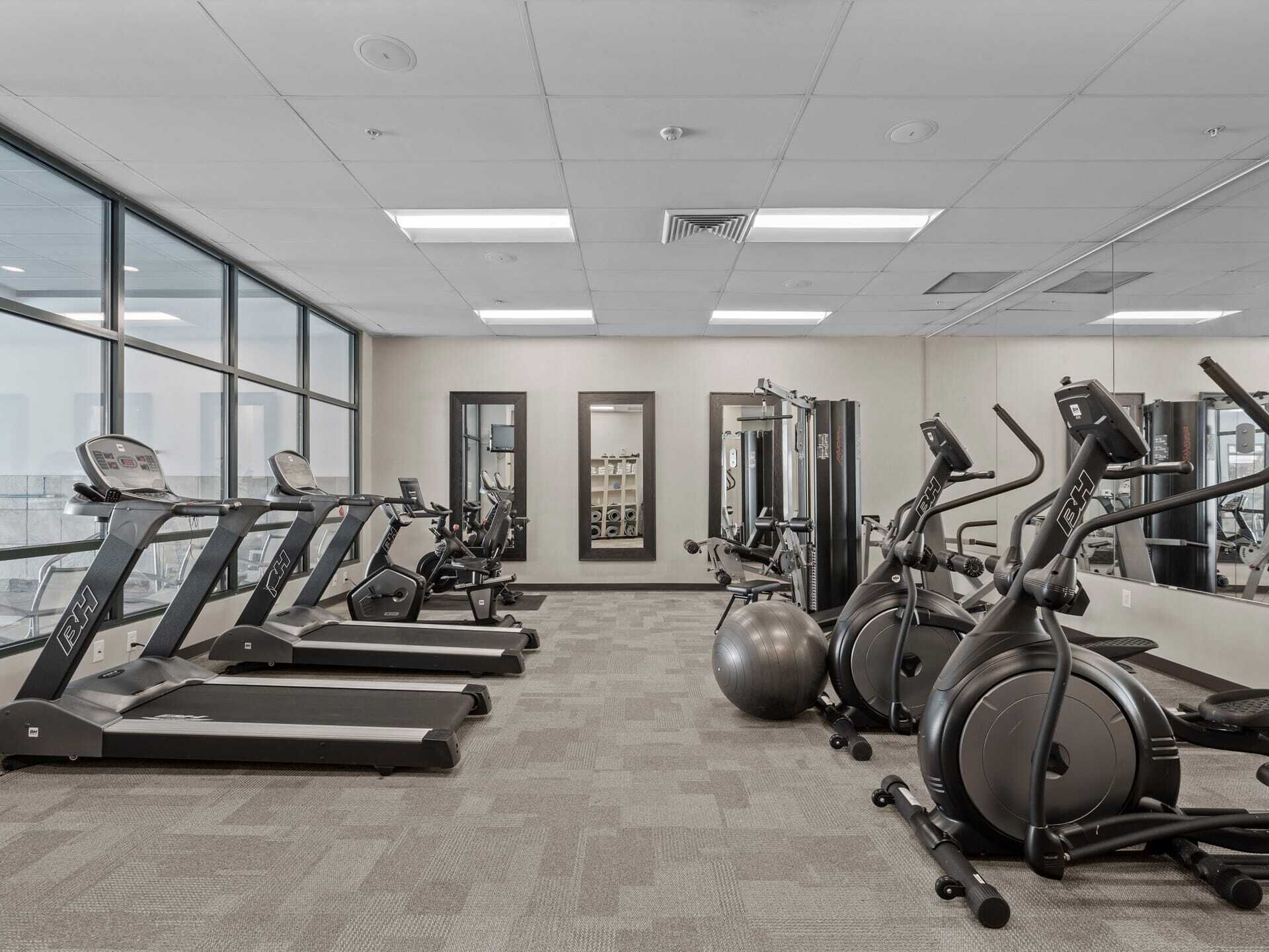 A gym with treadmills, elliptical machines, and exercise balls.