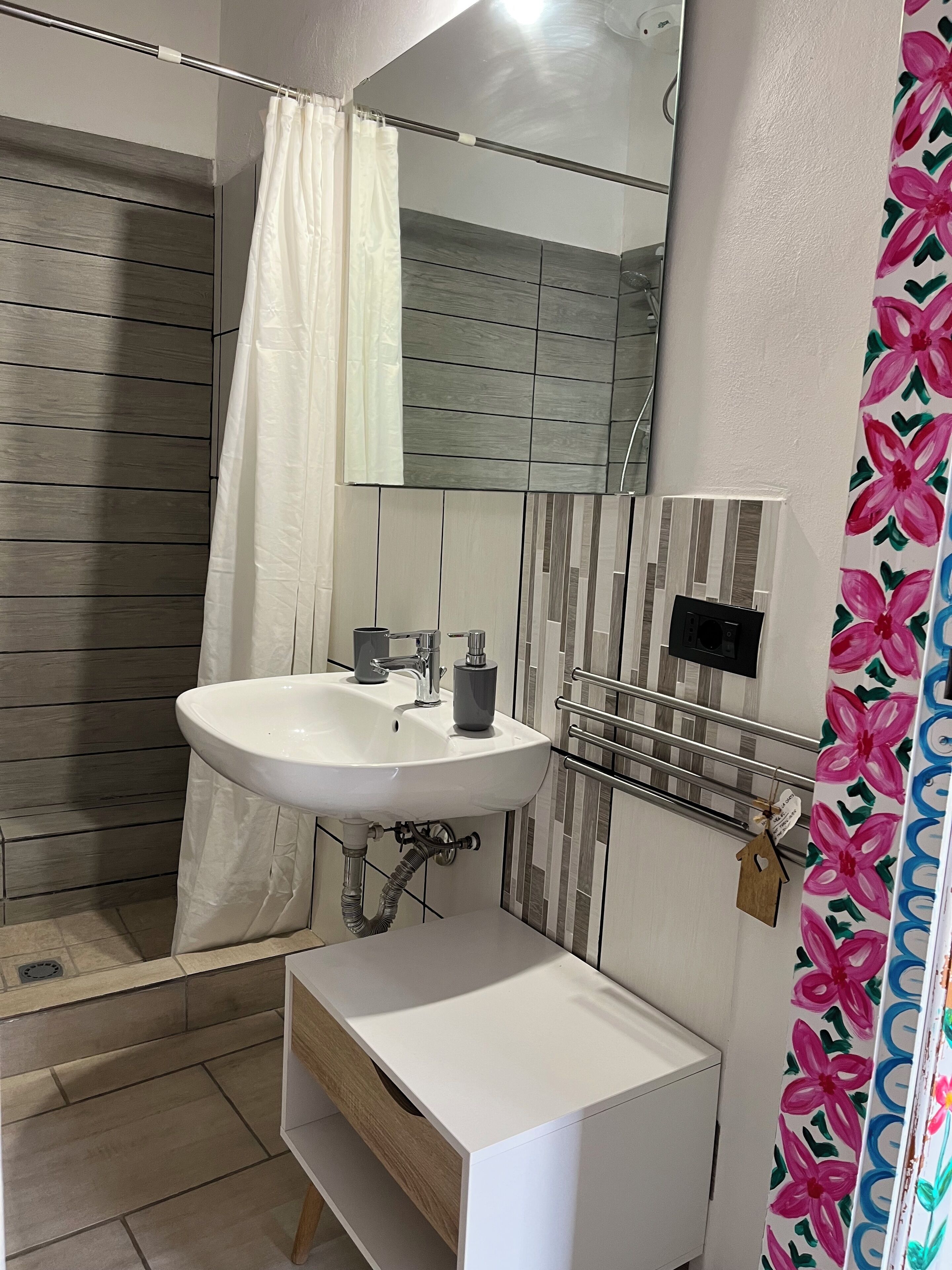 A bathroom with a shower, a sink, and a mirror.