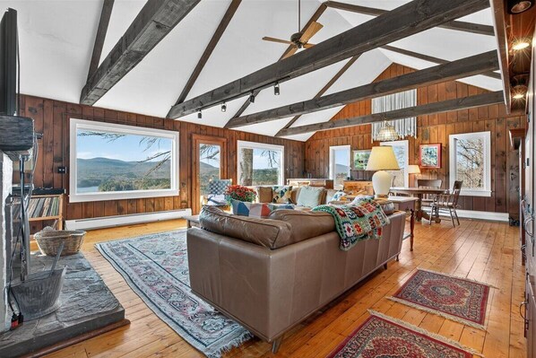 Smart TV, chimenea y libros 