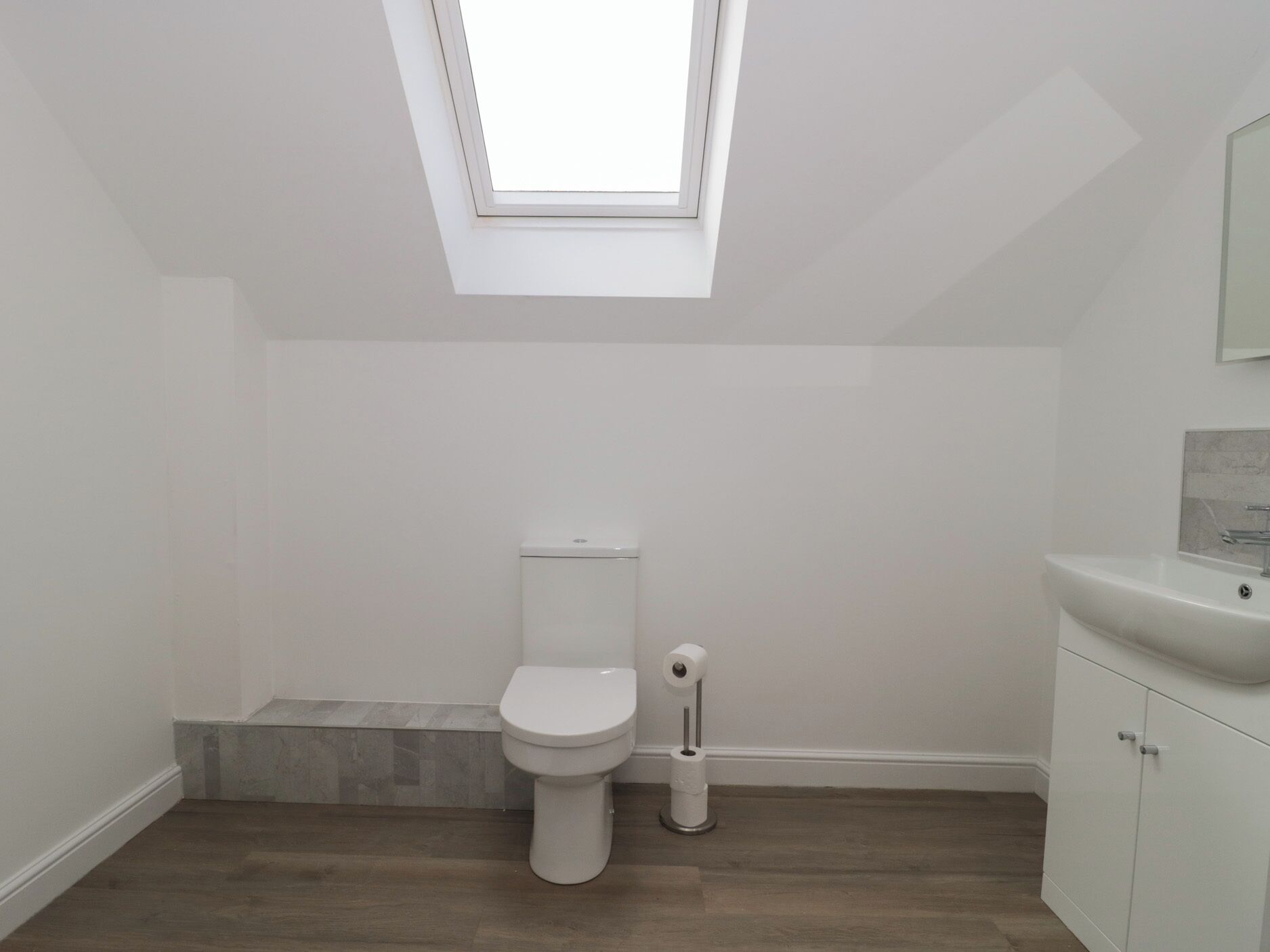 A modern bathroom with a skylight, a toilet, a sink, and a toilet paper holder.