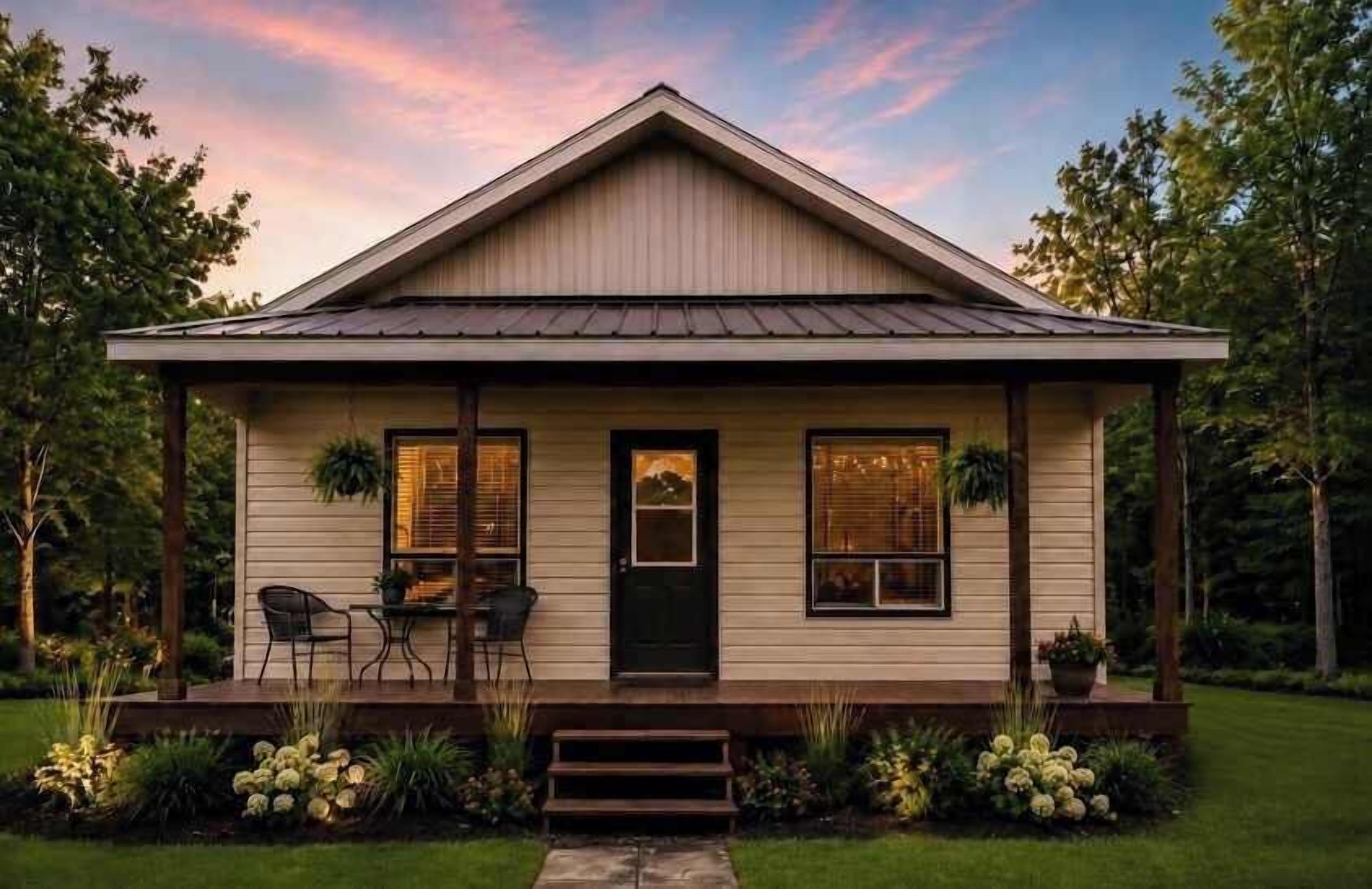 A single-story house with a front porch, a door, and two windows.