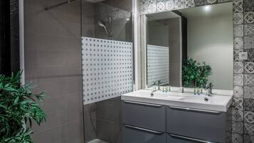 Hair dryer, towels, soap, toilet paper