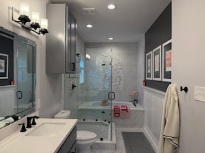 Shower, jetted bath, hair dryer, towels