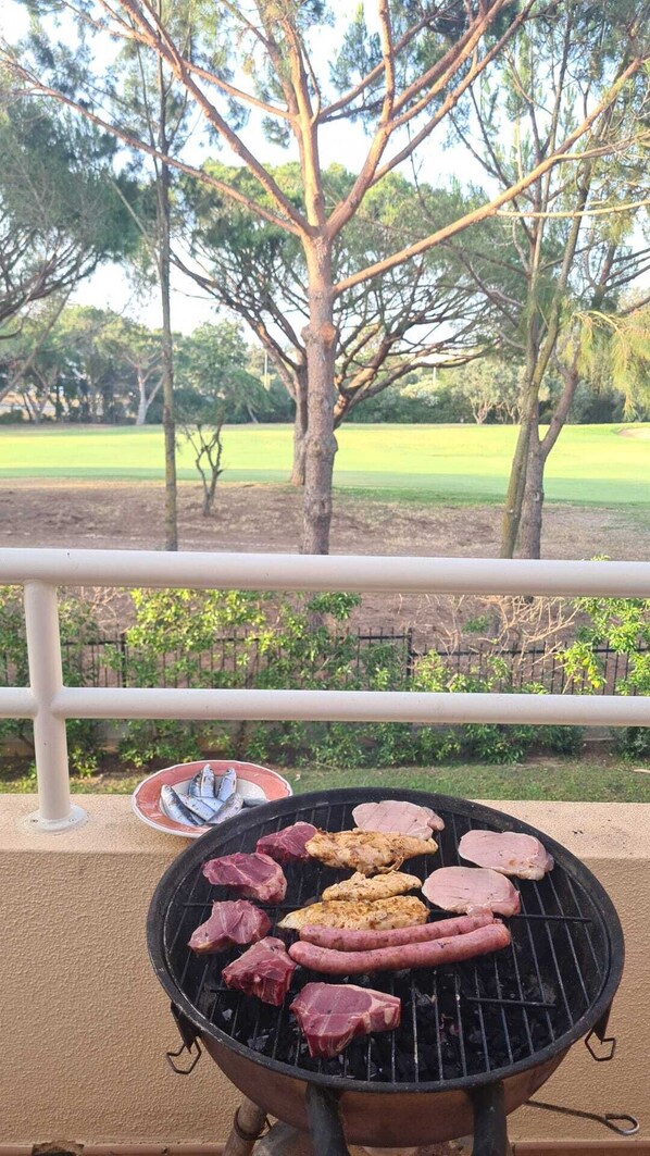 A barbecue grill with various meats and fish on a balcony with a view of a park and trees.