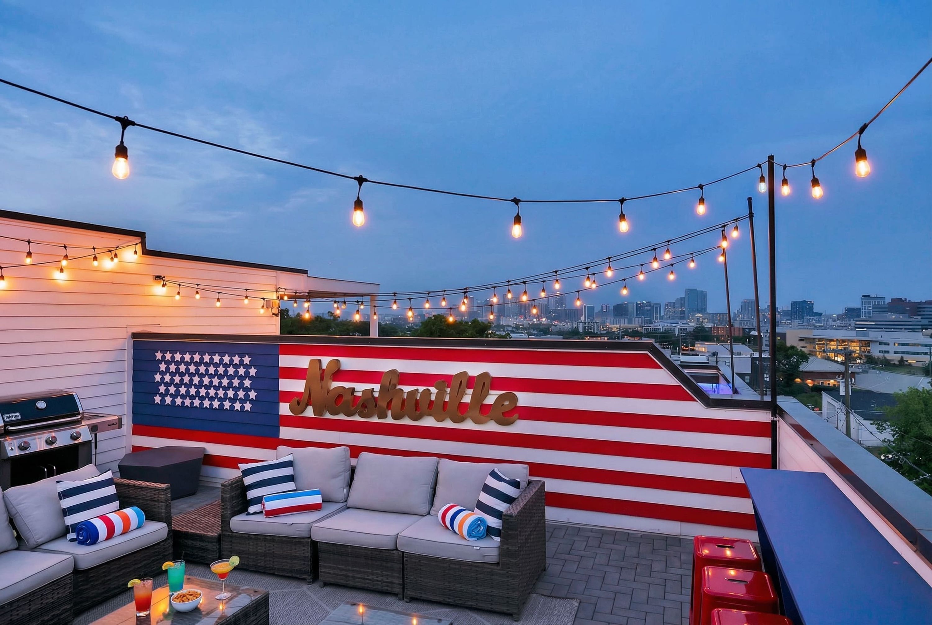 An outdoor seating area with a view of the city skyline, featuring a red and white striped wall with the word "Nashville" and a grill.