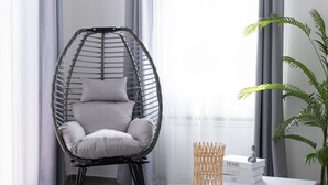 A room with a hanging chair, a table with books, and a potted plant.