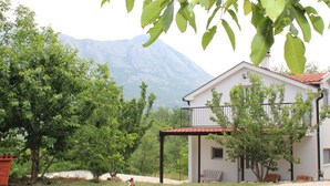 A house with a covered patio, a lawn, and a mountain in the background.