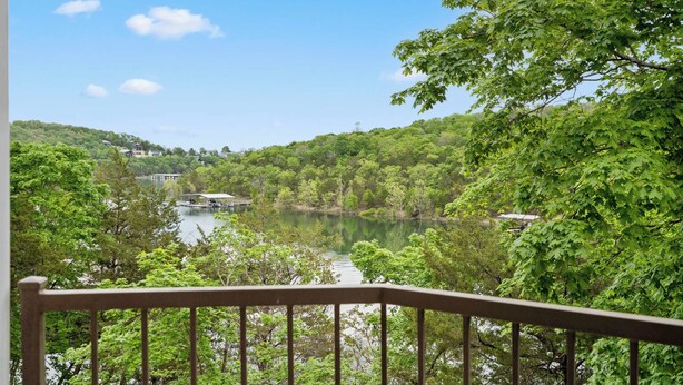 A view from a balcony overlooking a lake surrounded by lush greenery and a clear blue sky. - Lake It Easy Condo for 7 (Kimberling City)