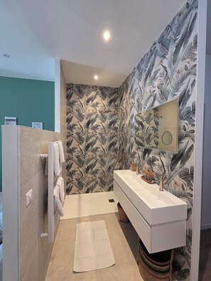 Shower, hair dryer, towels, toilet paper