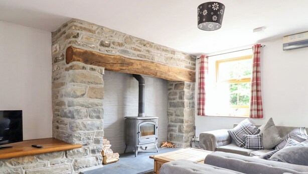 Una sala de estar acogedora con chimenea de piedra, un sofá, un televisor y un ventanal con cortinas.