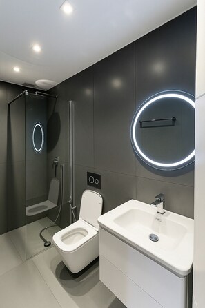 Family Studio | Bathroom | Shower, hair dryer, towels, soap