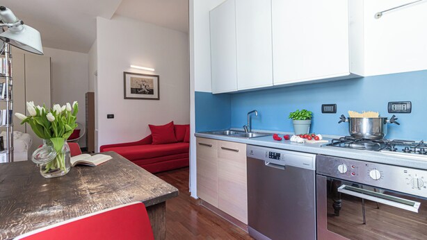 Una cocina compacta con lavavajillas, estufa y un sofá rojo en la sala.