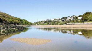 A calm river with a sandy beach and greenery on the banks.