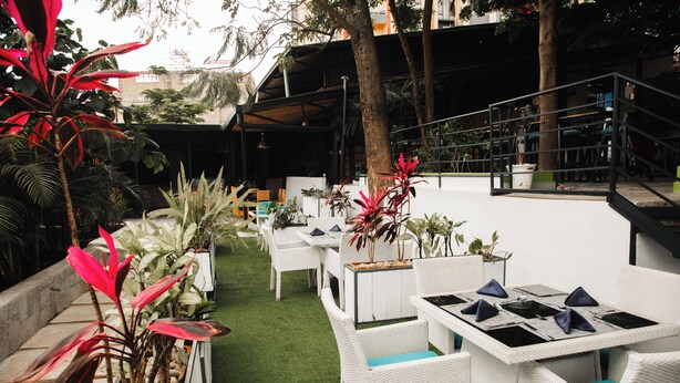 Un espace extérieur aménagé pour les repas, avec des meubles en osier blanc et une pelouse artificielle verte, entouré de plantes en pot et d’arbres.