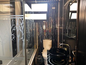 Ein modernes Badezimmer mit Duschkabine aus Glas, Toilette und Waschbecken mit schwarzer Schüssel.