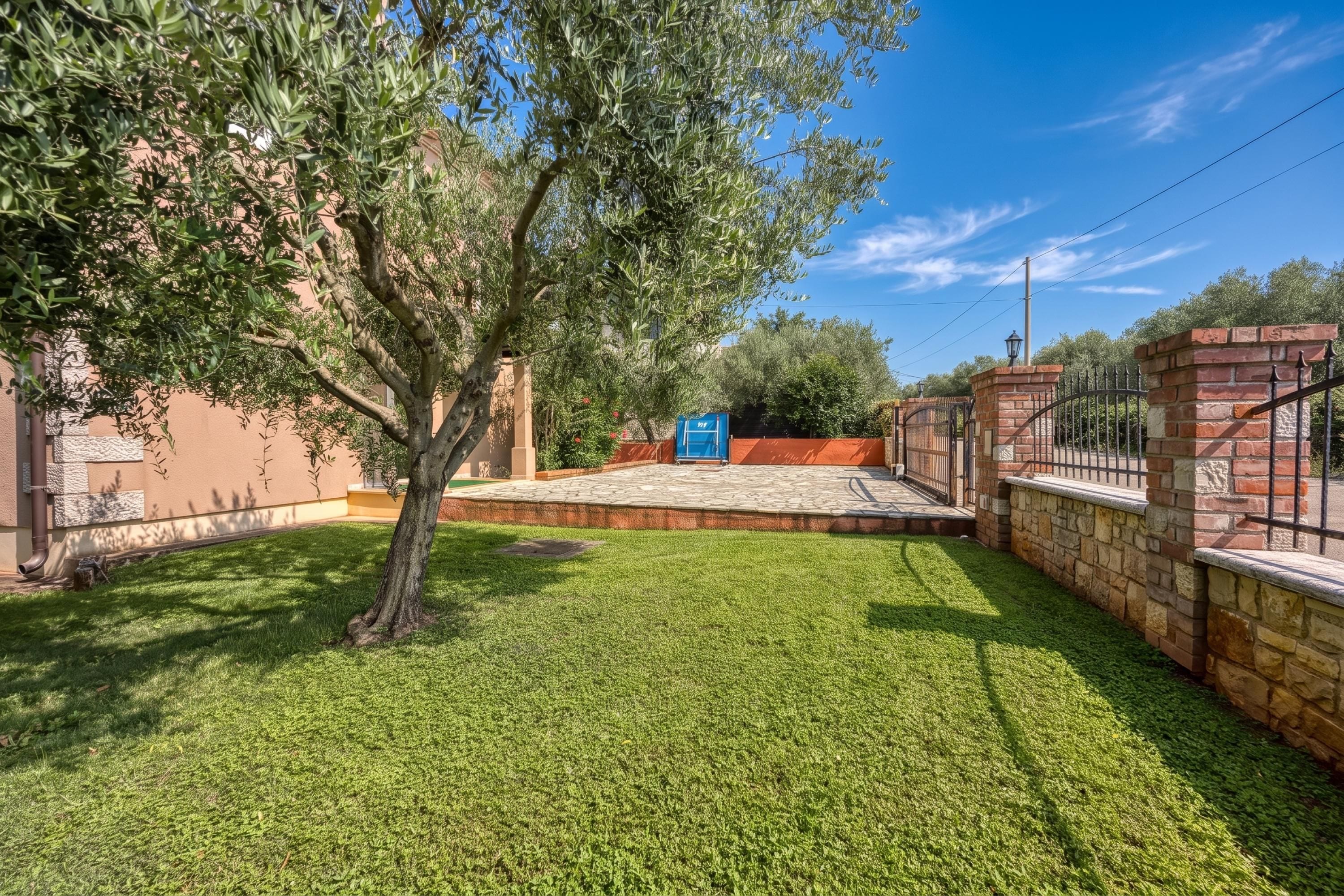 A well-maintained garden with a tree, a paved area, and a brick wall.