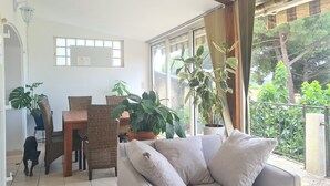 Una habitación con sofá, mesa de comedor, sillas y plantas en macetas.