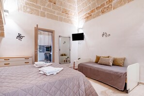 Un dormitorio con cama, sofá, televisor y espejo.