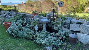 Ein Garten mit Vogeltränke, Steinen und Vogelhaus.