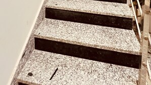 A staircase with granite steps and a metal railing, leading to a landing with a framed picture and a potted plant. - Hotel Kashi Vaas (Varanasi)