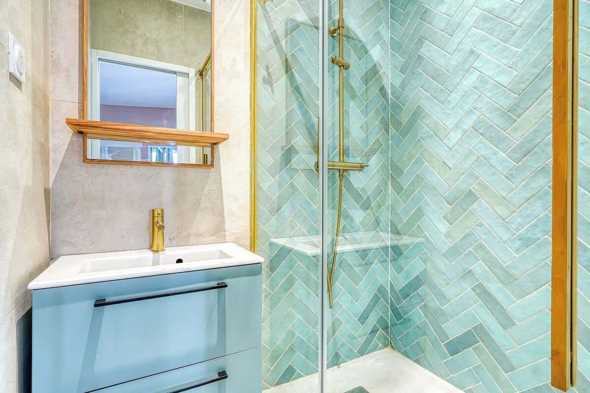 Shower, hair dryer, shampoo