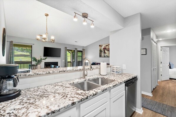 Condo, Multiple Beds, Balcony, Golf View (Quittin' Time) | Private kitchen | Fridge, microwave, oven, stovetop - Quittin' Time Stay for 6 With Golf Course Views & Resort Amenities (Branson)