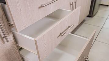 Fridge, microwave, cookware/dishes/utensils